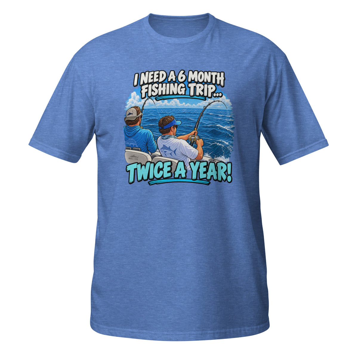 Twice a Year Fishing Trip Tee in heather royal, front view
