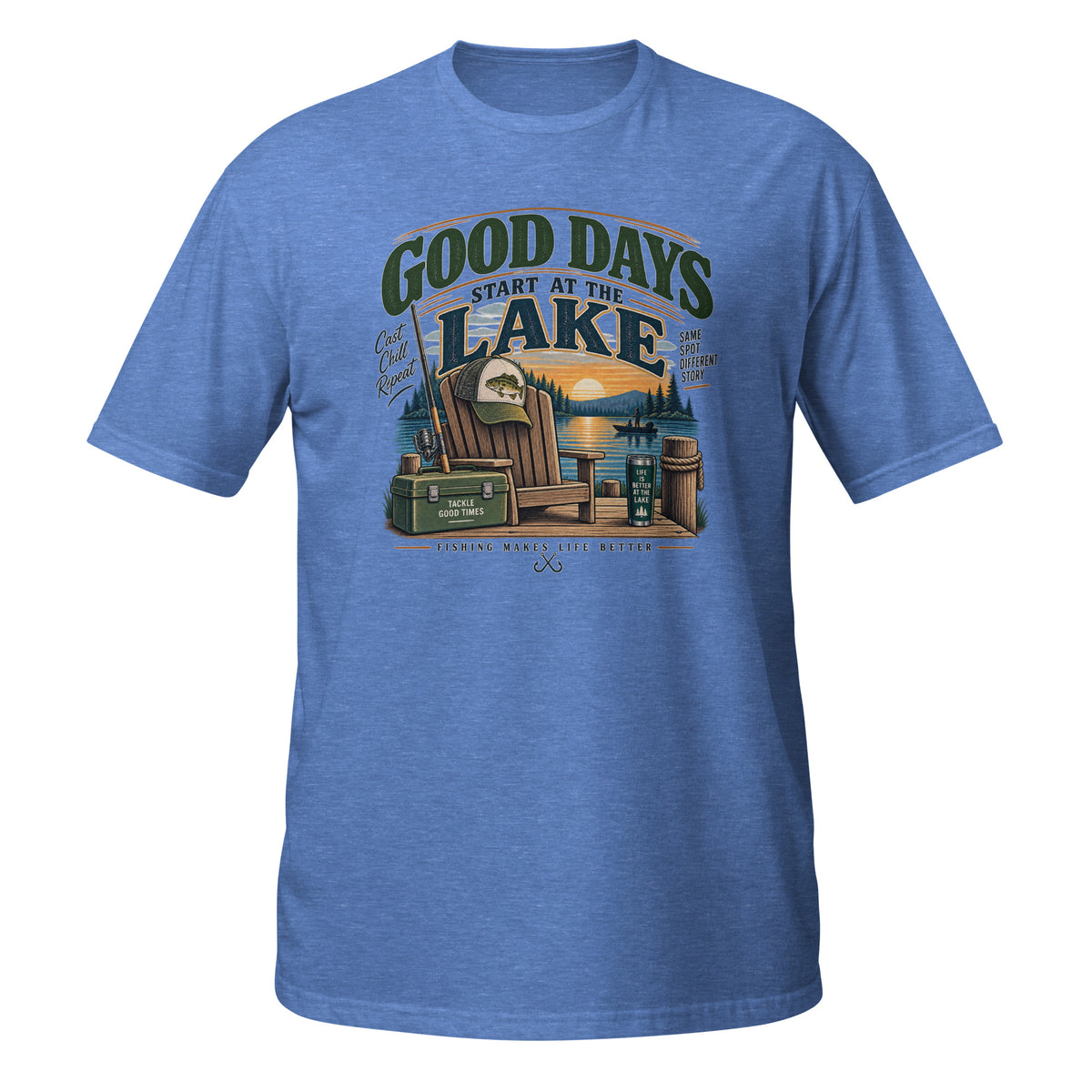 Good Days Start at the Lake Fishing Tee in heather royal, front view