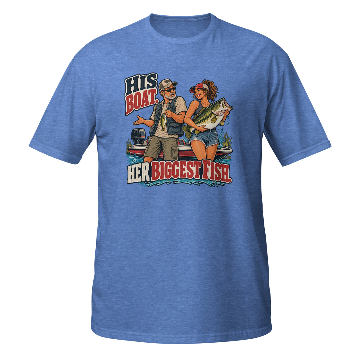 His Boat Her Biggest Fish Tee in heather royal, front view