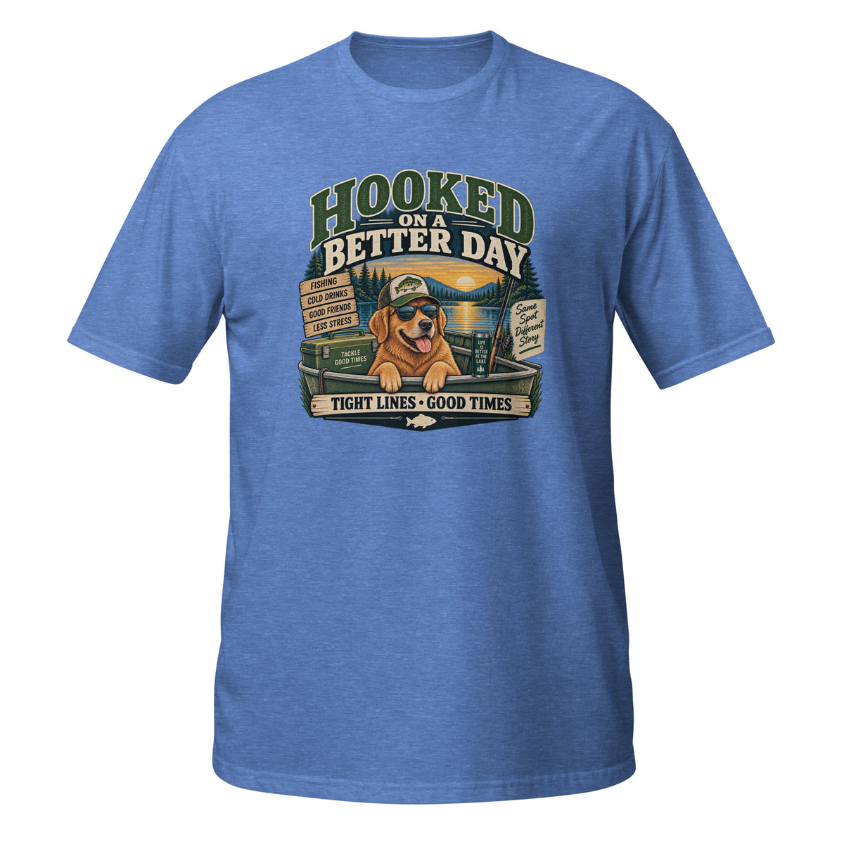 Hooked on a Better Day Dog Fishing Tee in heather royal, front view