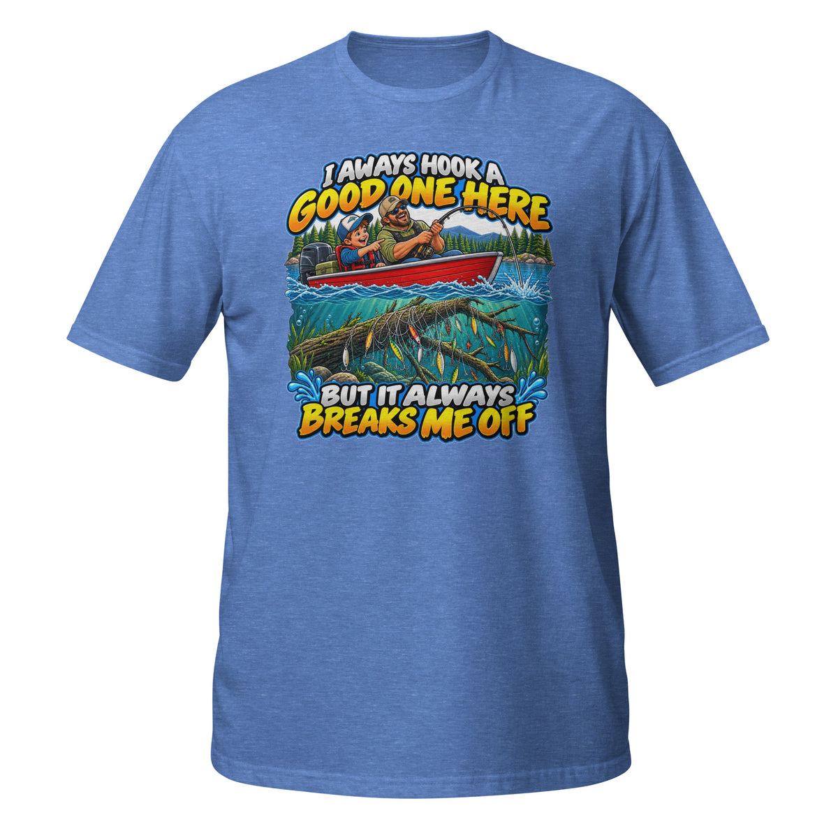 I Always Hook a Good One Here Tee in heather royal, front view