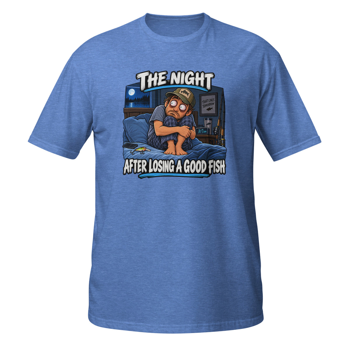 The Night After Losing a Good Fish Tee in heather royal, front view