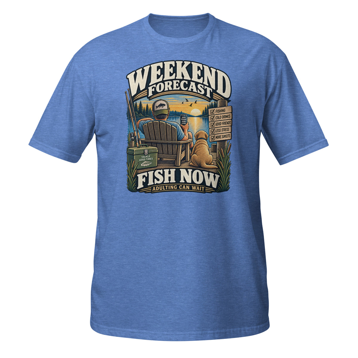 Weekend Forecast Fish Now Adulting Can Wait Tee in heather royal, front view