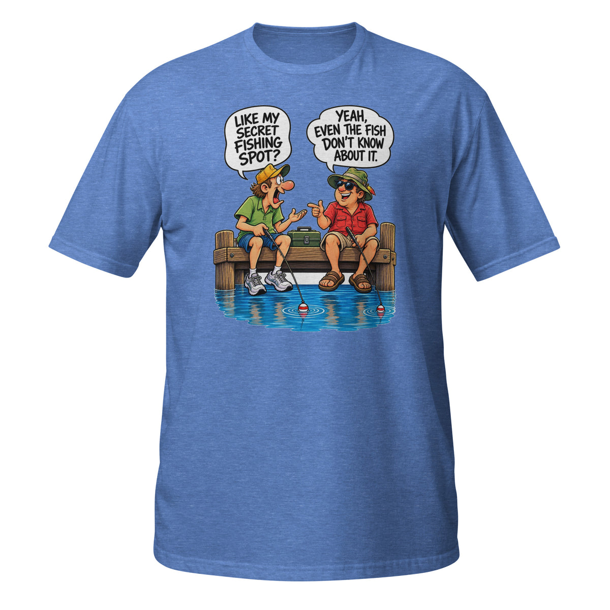 Even the Fish Don’t Know My Secret Spot Tee in heather royal, front view