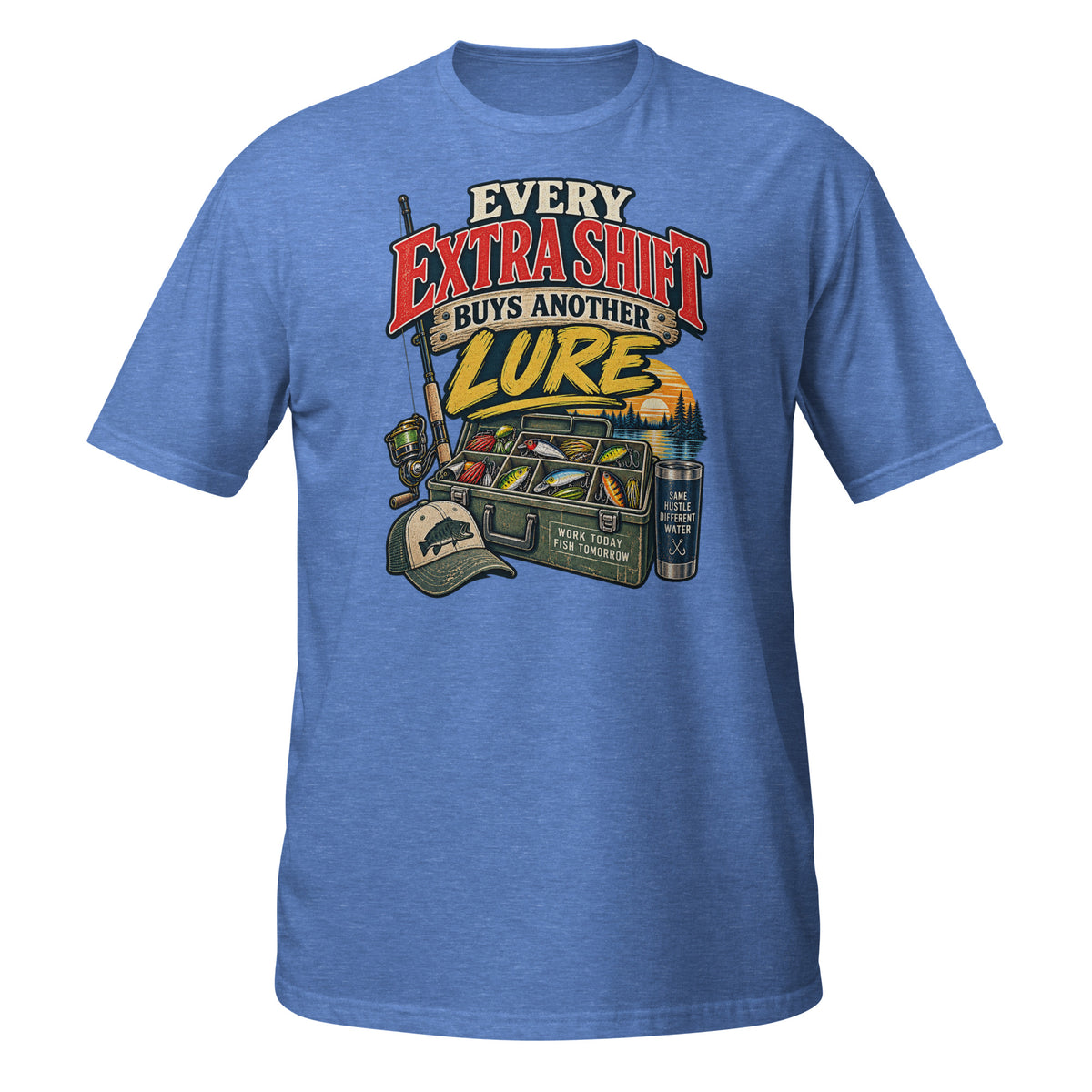 Every Extra Shift Buys Another Lure Tee in heather royal, front view