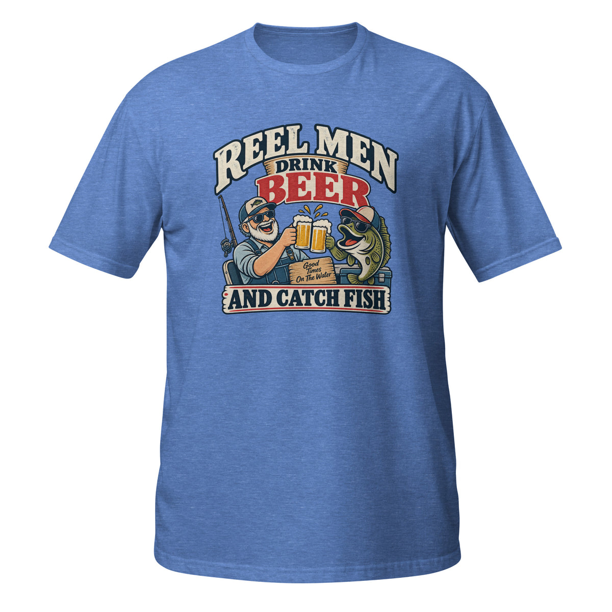 Reel Men Drink Beer and Catch Fish Tee in heather royal, front view