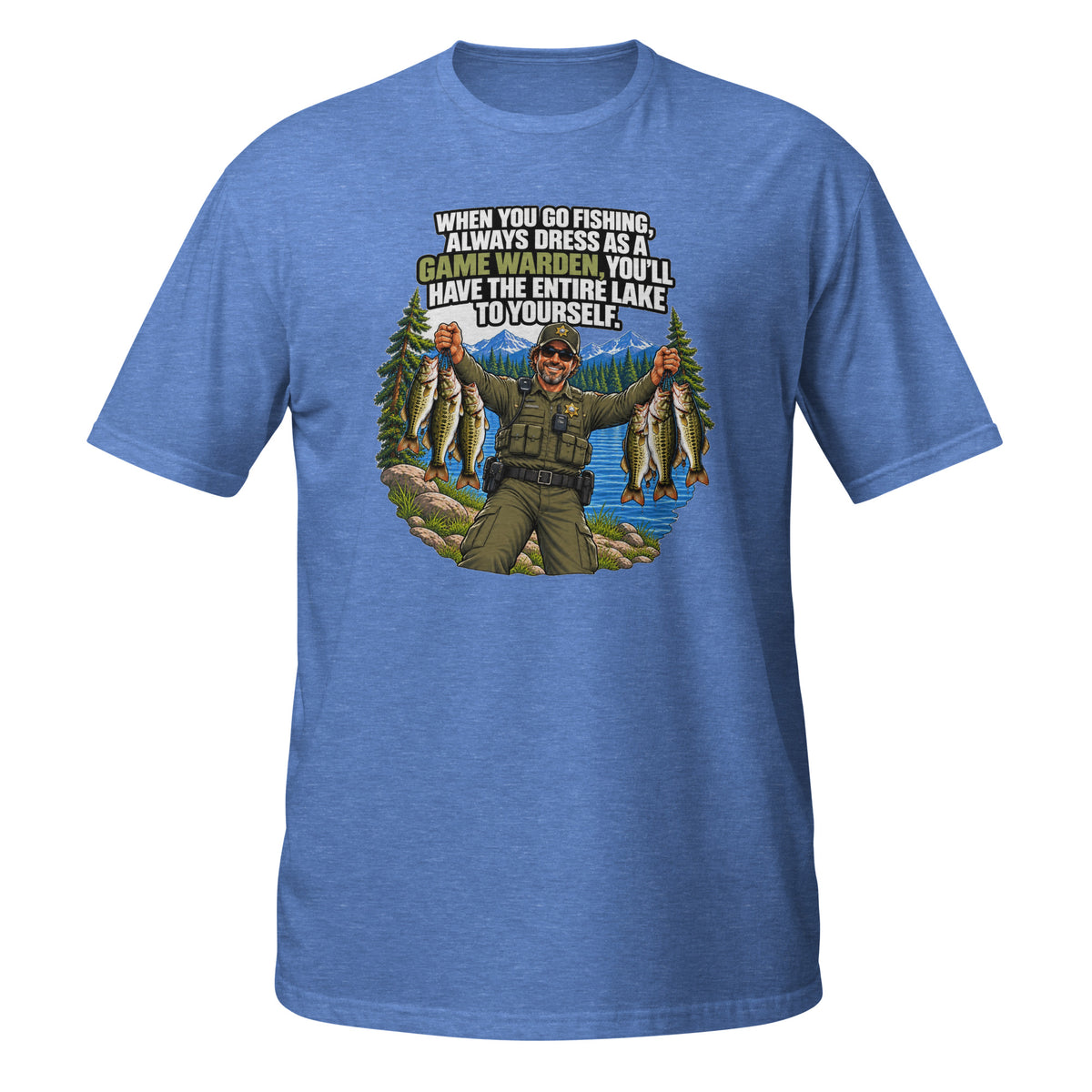 Dress Like a Game Warden Fishing Tee in heather royal, front view