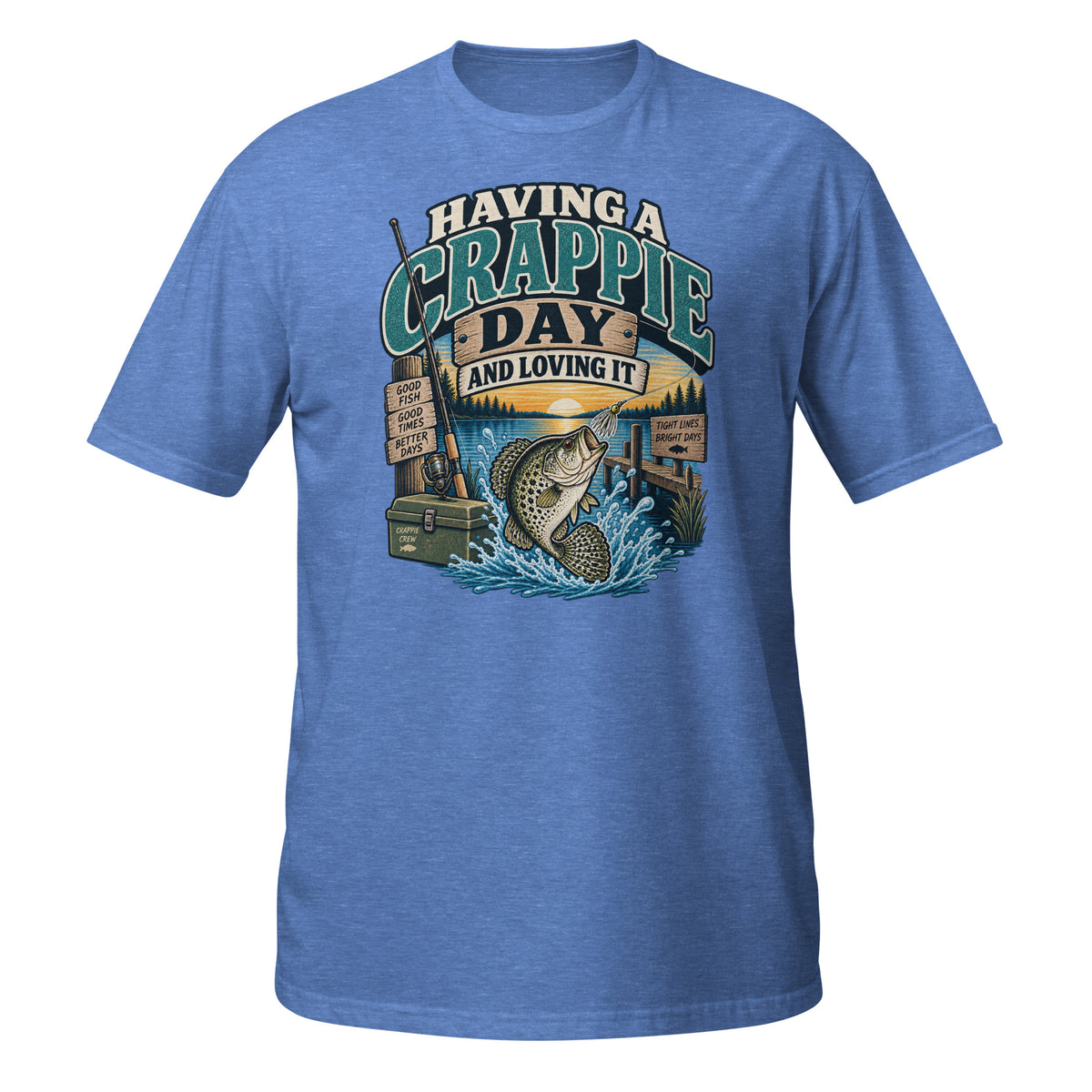 Having a Crappie Day and Loving It fishing tee in heather royal, front graphic with jumping crappie and lake scene