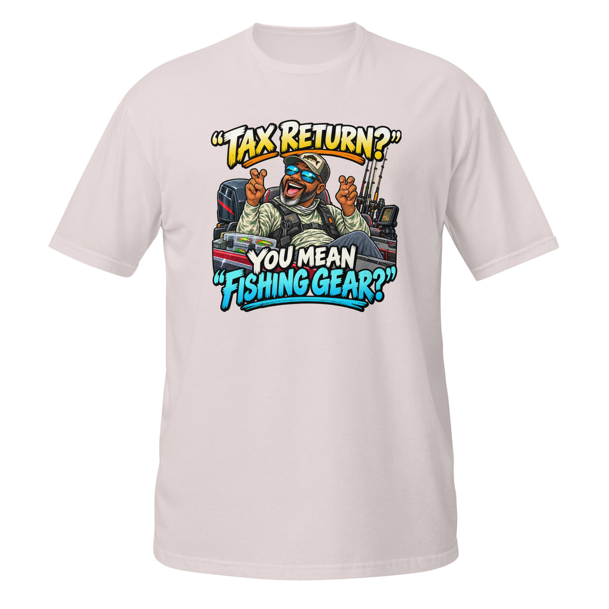 Tax Return? You Mean Fishing Gear? Tee in ice grey, front view