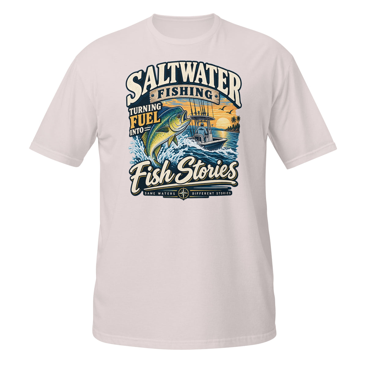 Turning Fuel Into Fish Stories Saltwater Fishing Tee in ice grey, front view