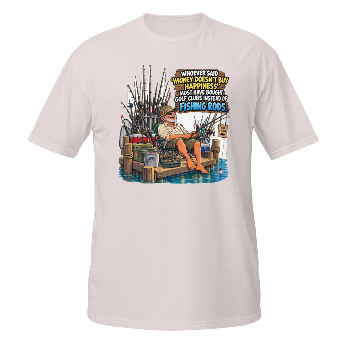 Money Buys Fishing Rods Tee in ice grey, front view
