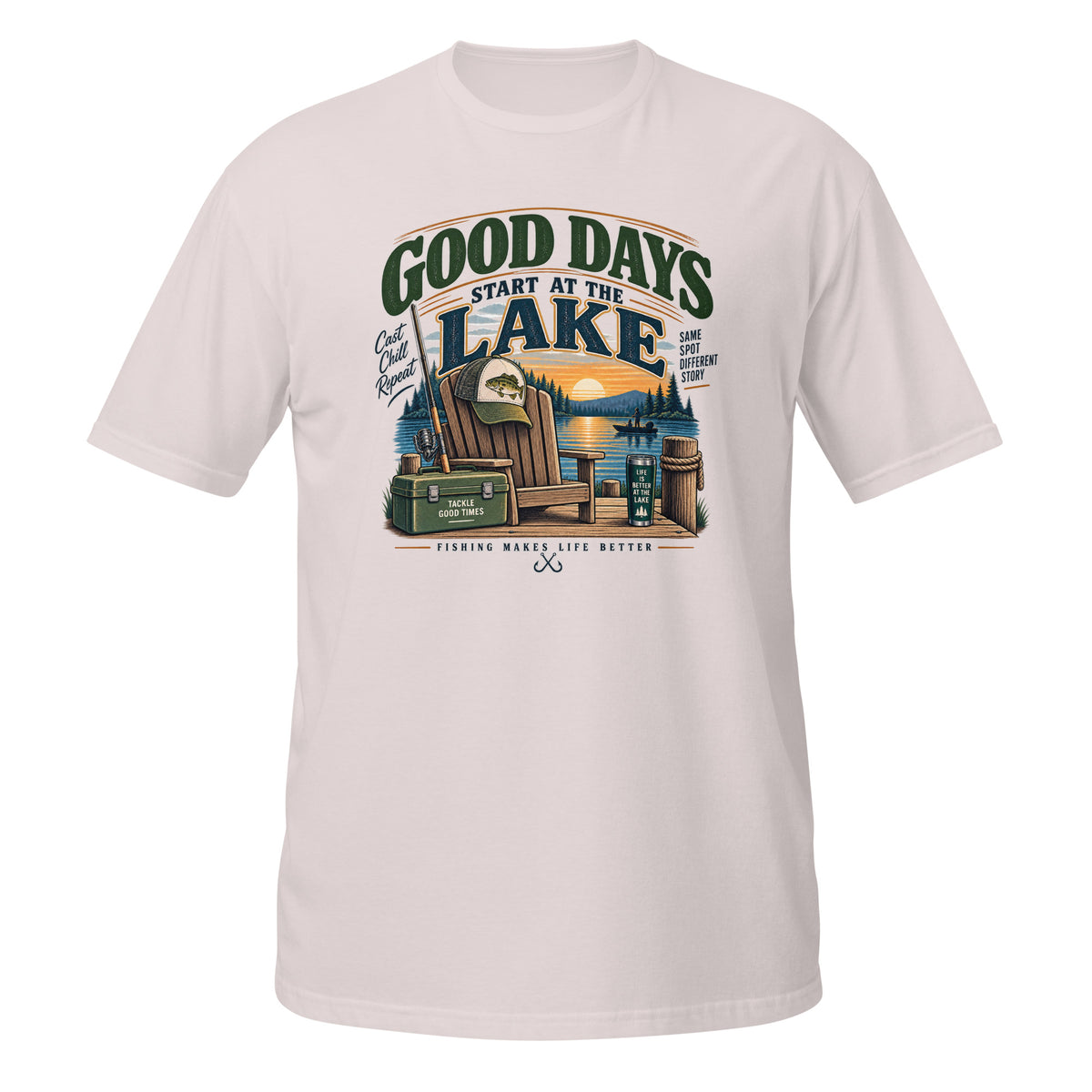 Good Days Start at the Lake Fishing Tee in ice grey, front view