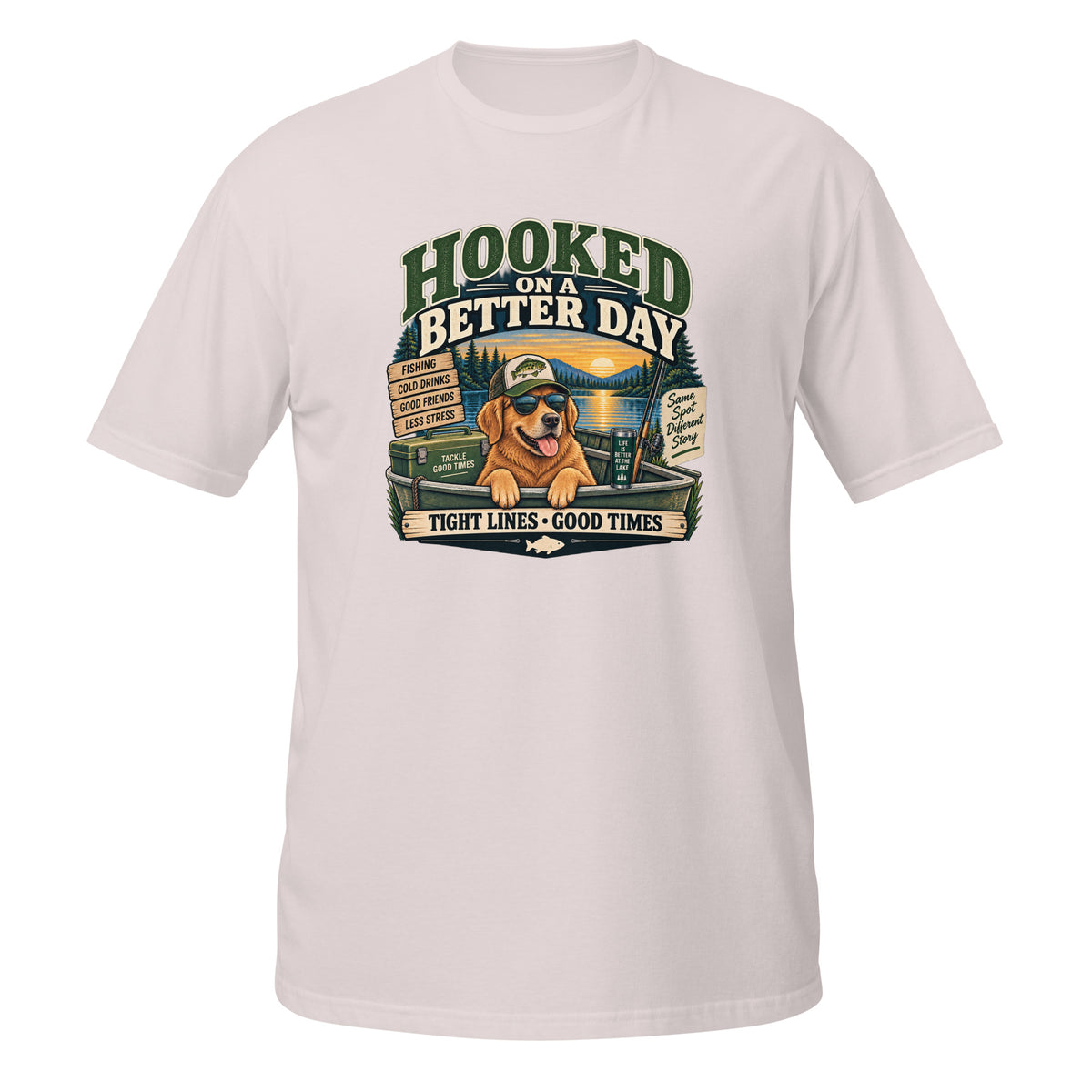 Hooked on a Better Day Dog Fishing Tee in ice grey, front view