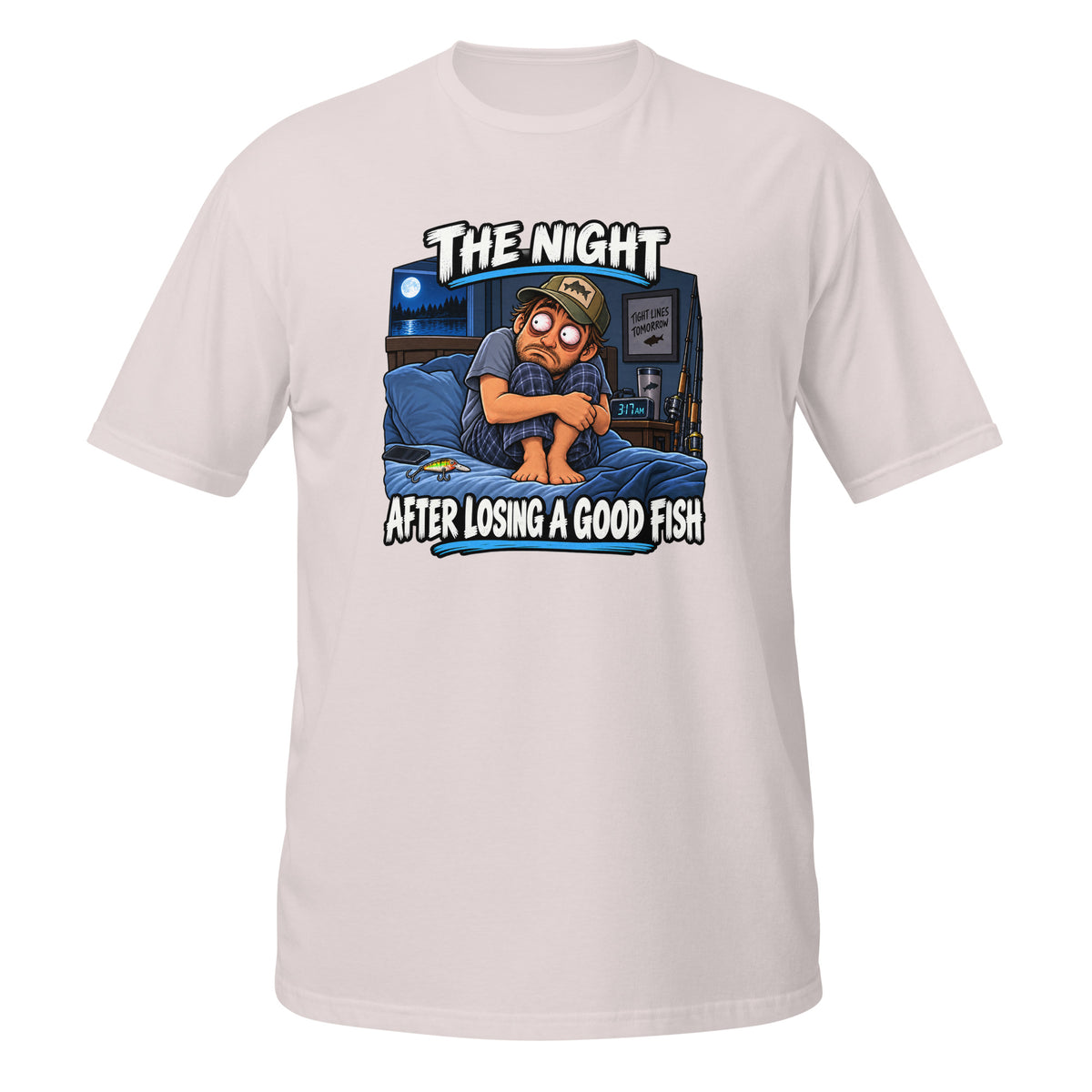 The Night After Losing a Good Fish Tee in ice grey, front view