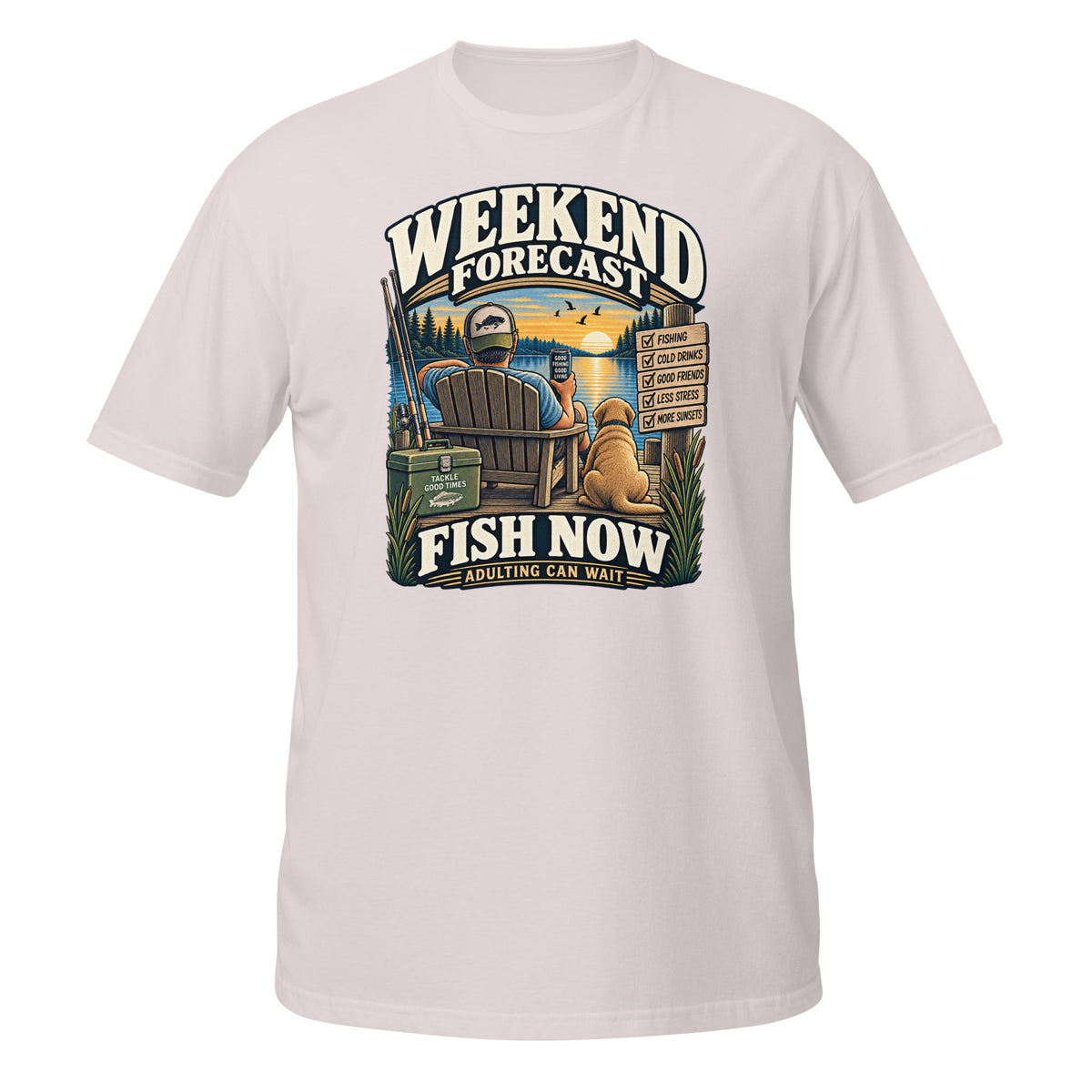 Weekend Forecast Fish Now Adulting Can Wait Tee in ice grey, front view