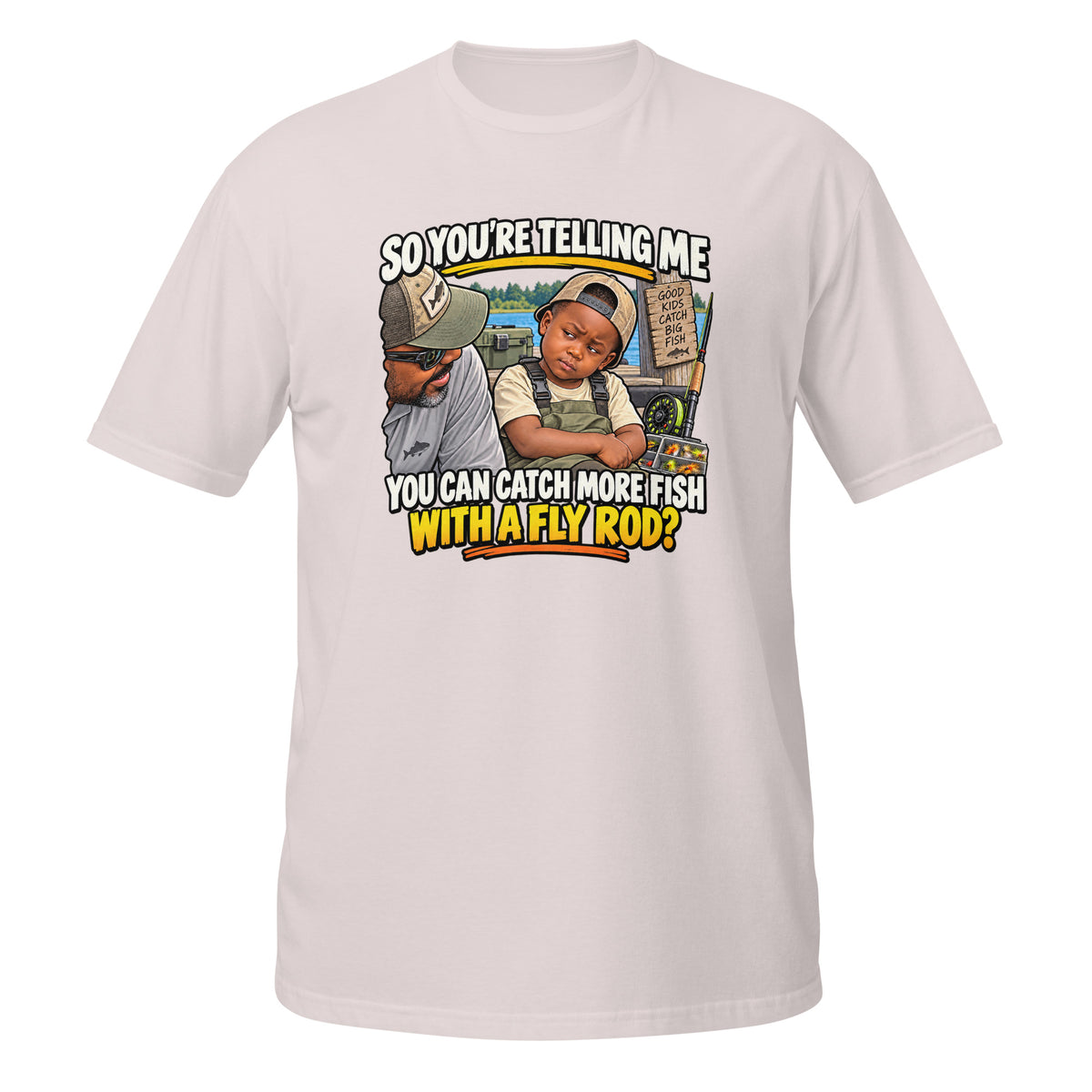 You Can Catch More Fish With a Fly Rod Tee in ice grey, front view
