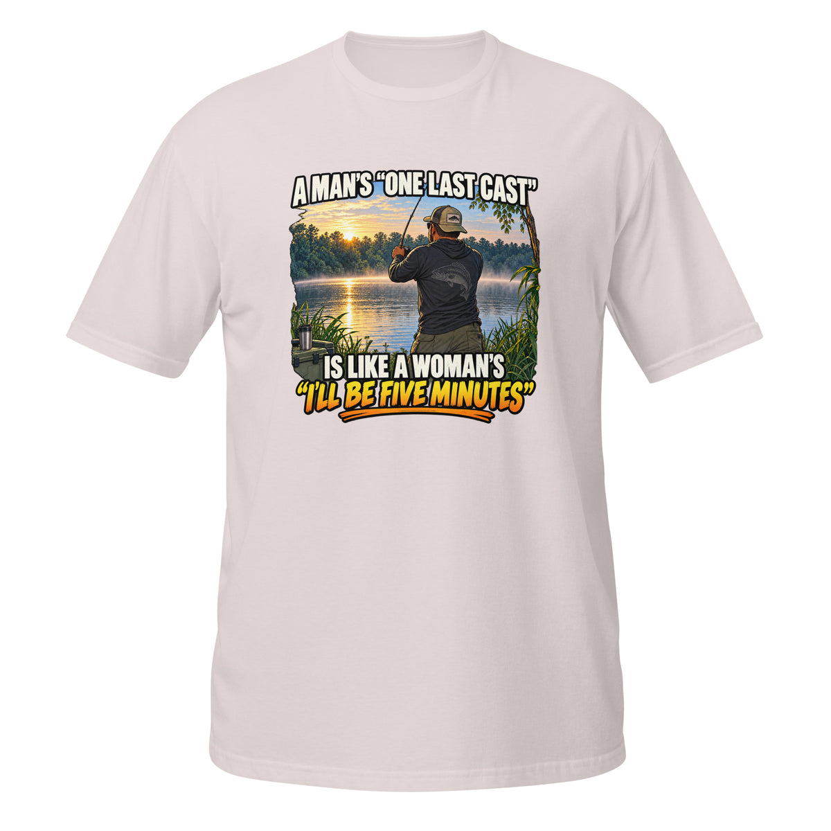 One Last Cast Means Five More Minutes Tee in ice grey, front view