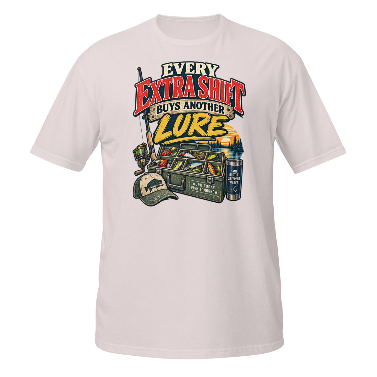 Every Extra Shift Buys Another Lure Tee in ice grey, front view