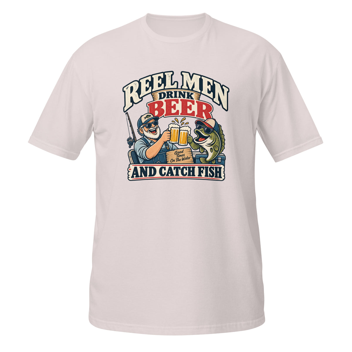 Reel Men Drink Beer and Catch Fish Tee in ice grey, front view