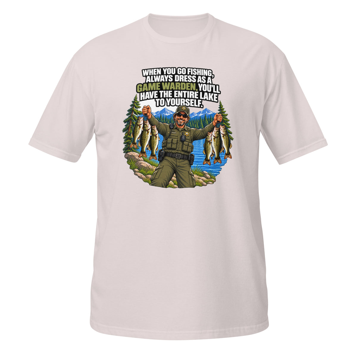 Dress Like a Game Warden Fishing Tee in ice grey, front view