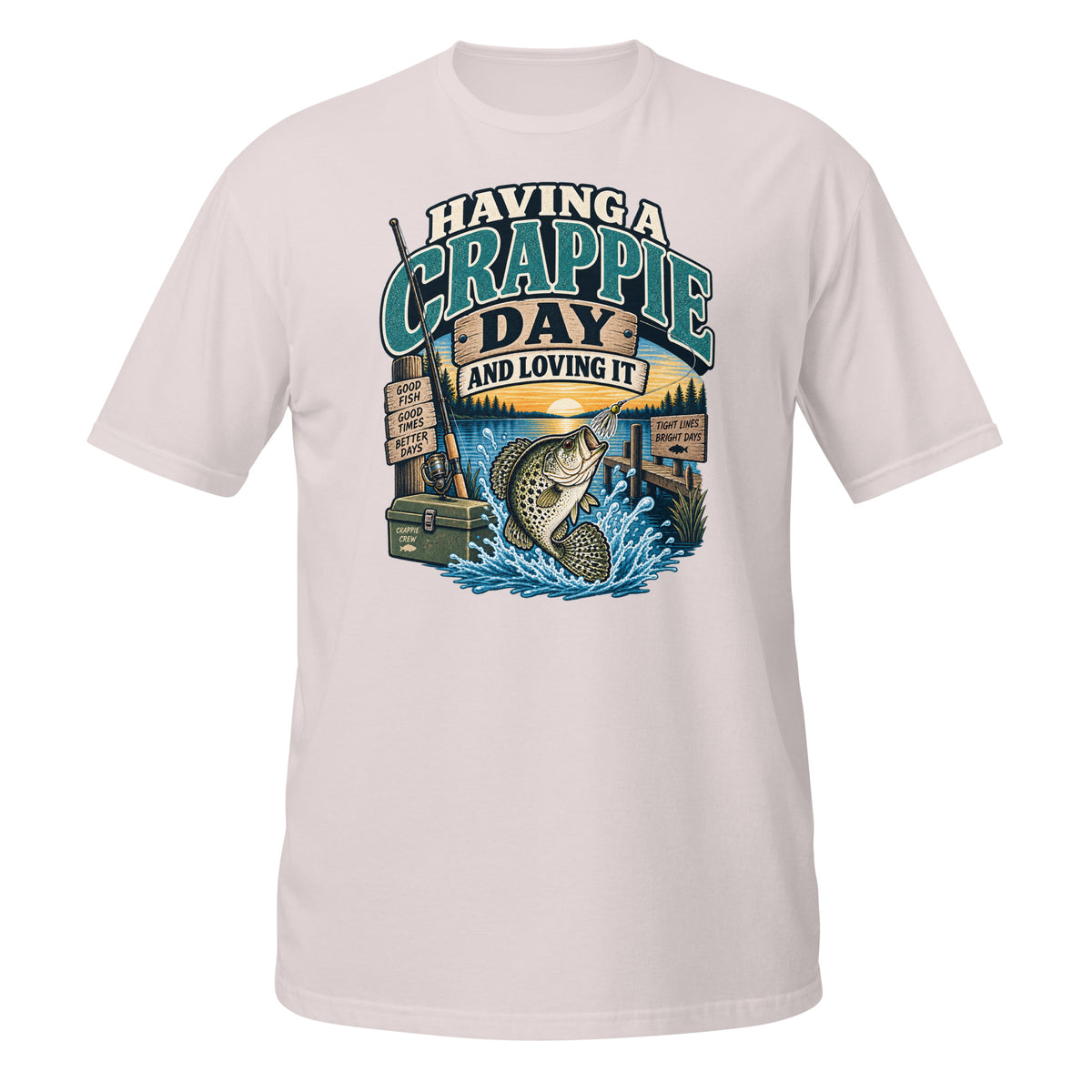 Having a Crappie Day and Loving It fishing tee in ice grey, front graphic with jumping crappie and lake scene