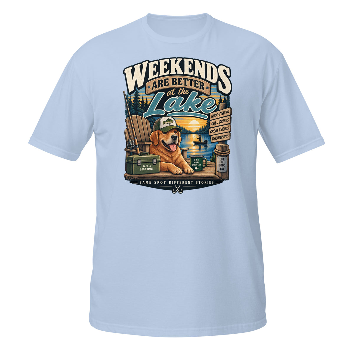 Weekends Are Better at the Lake Fishing Tee in light blue, front view