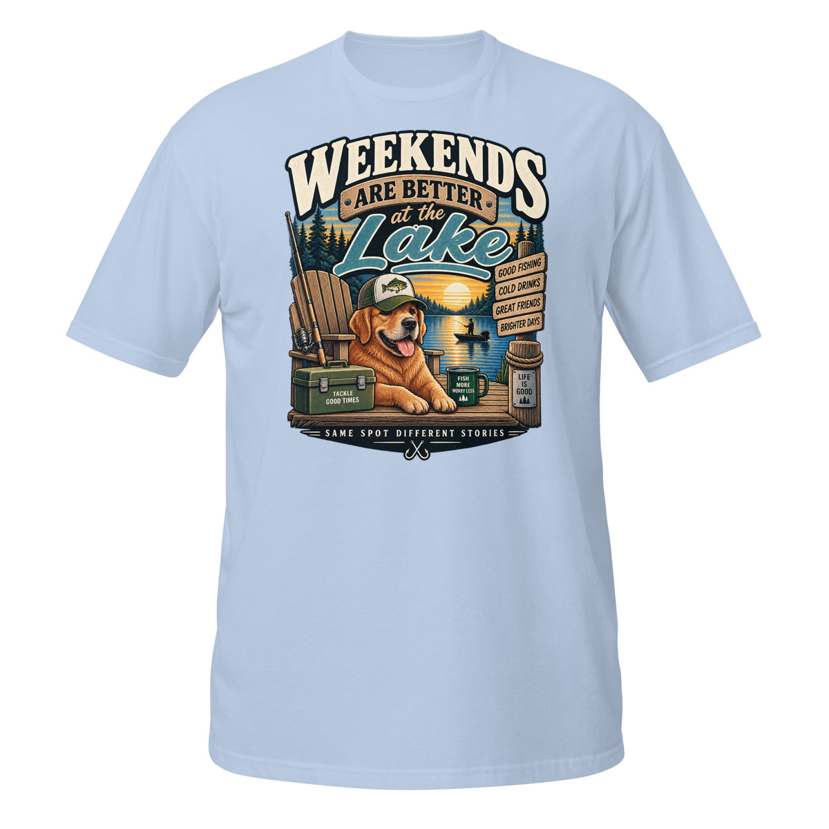 Weekends Are Better at the Lake Fishing Tee in light blue, front view