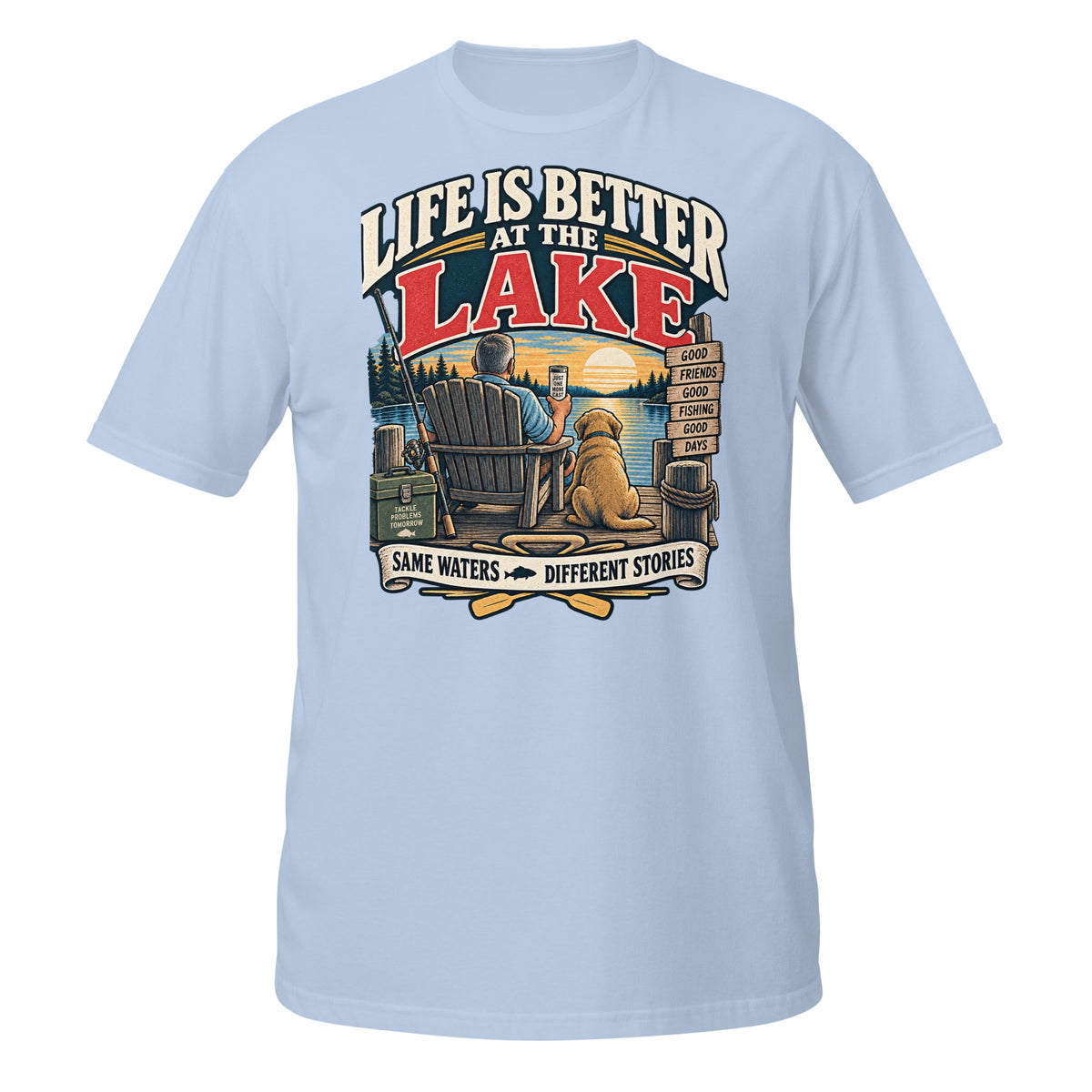Life Is Better at the Lake Fishing Tee in light blue, front view