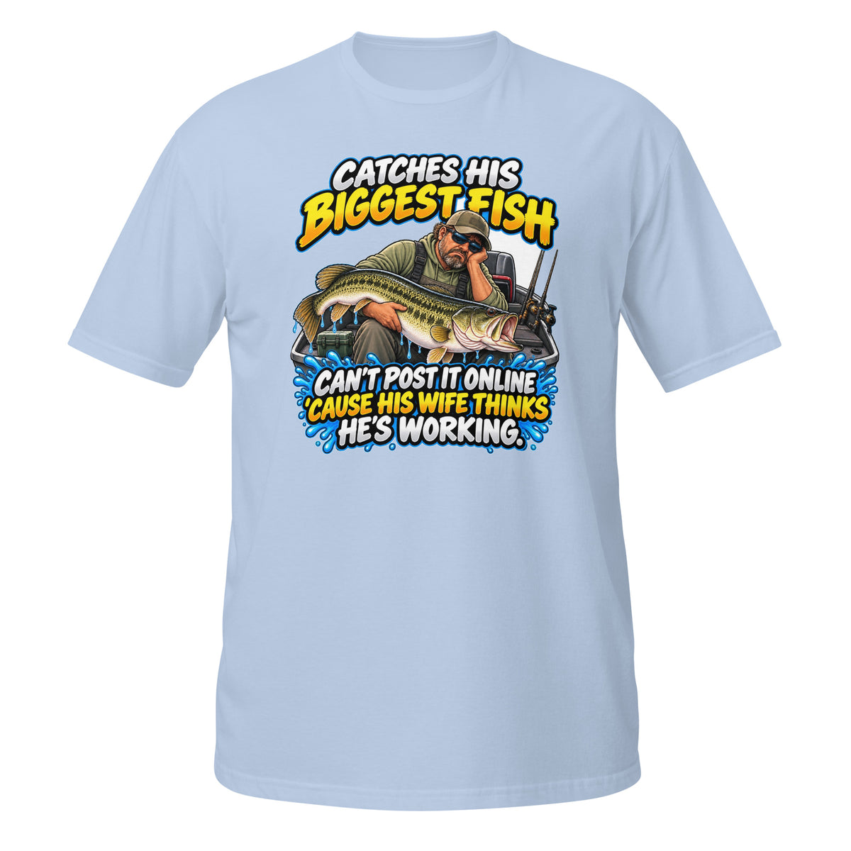 Can’t Post It Online Fishing Tee in light blue, front view