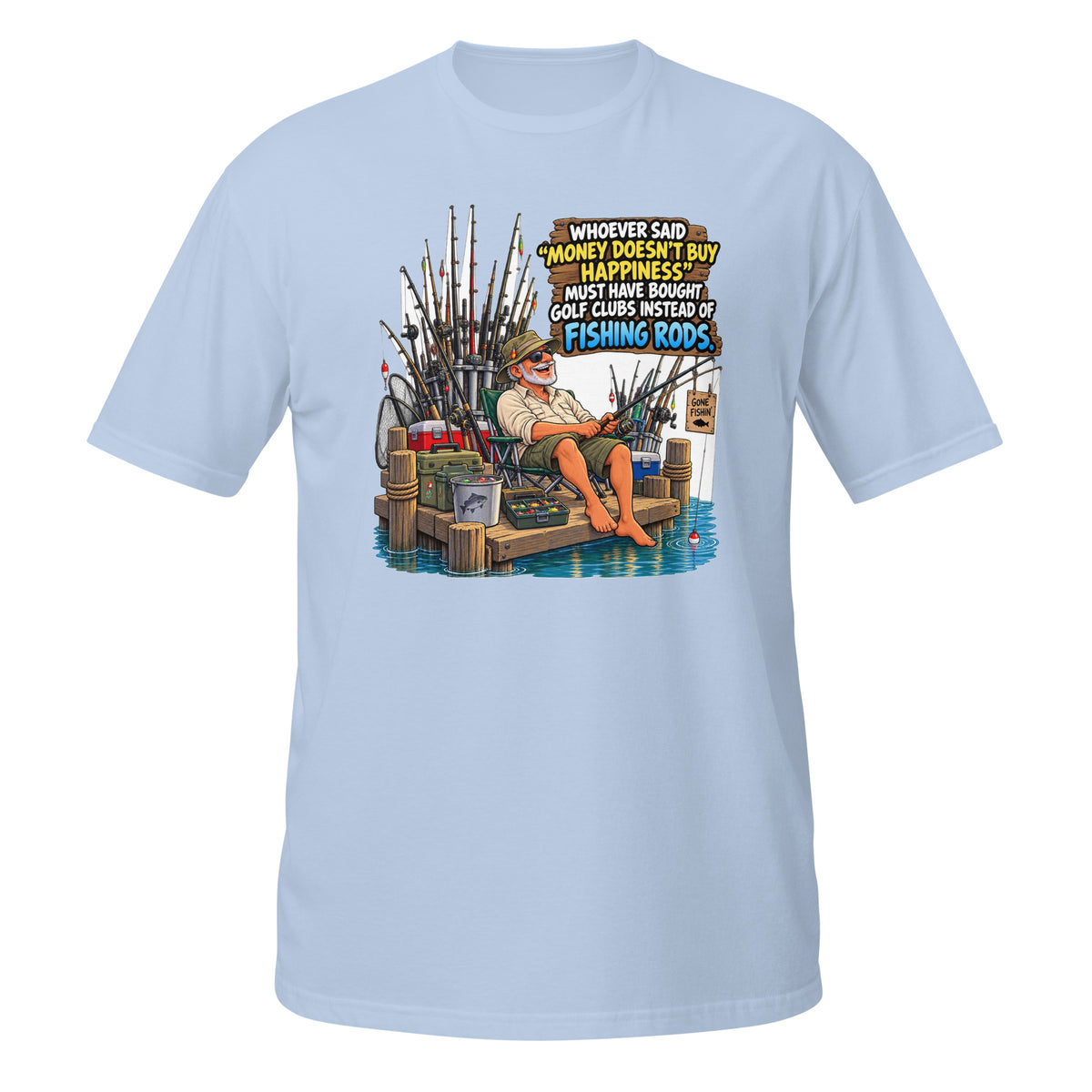 Money Buys Fishing Rods Tee in light blue, front view