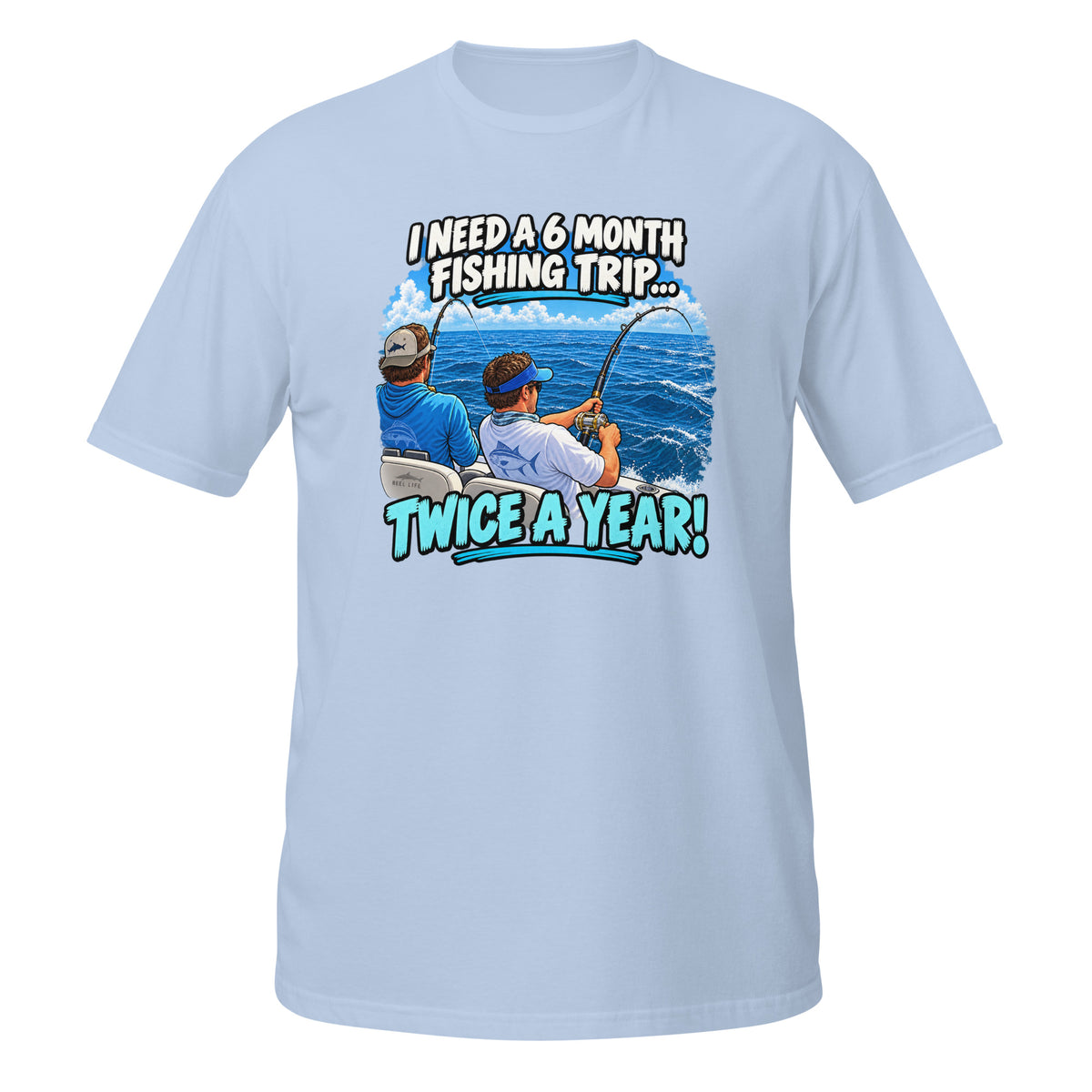 Twice a Year Fishing Trip Tee in light blue, front view