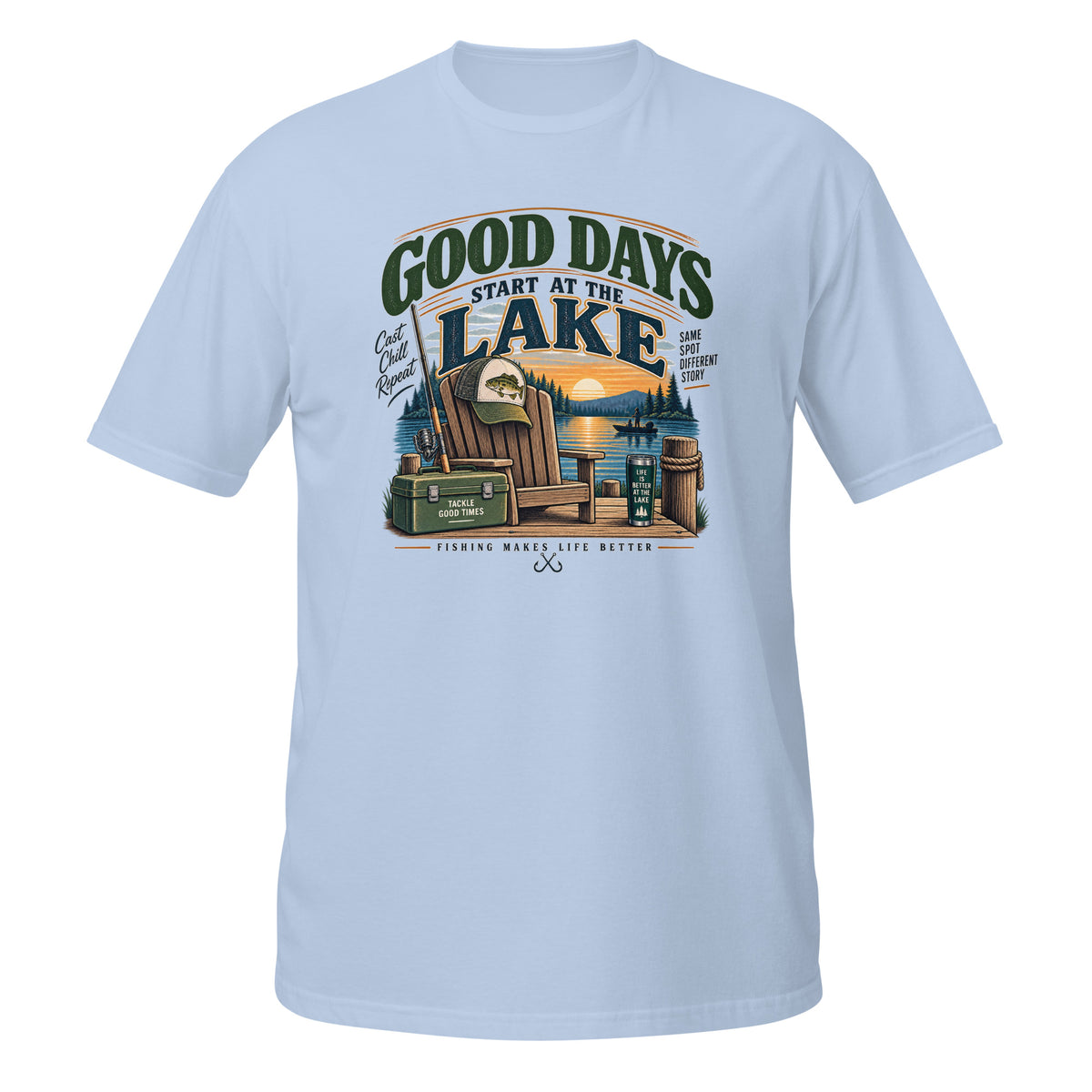 Good Days Start at the Lake Fishing Tee in light blue, front view