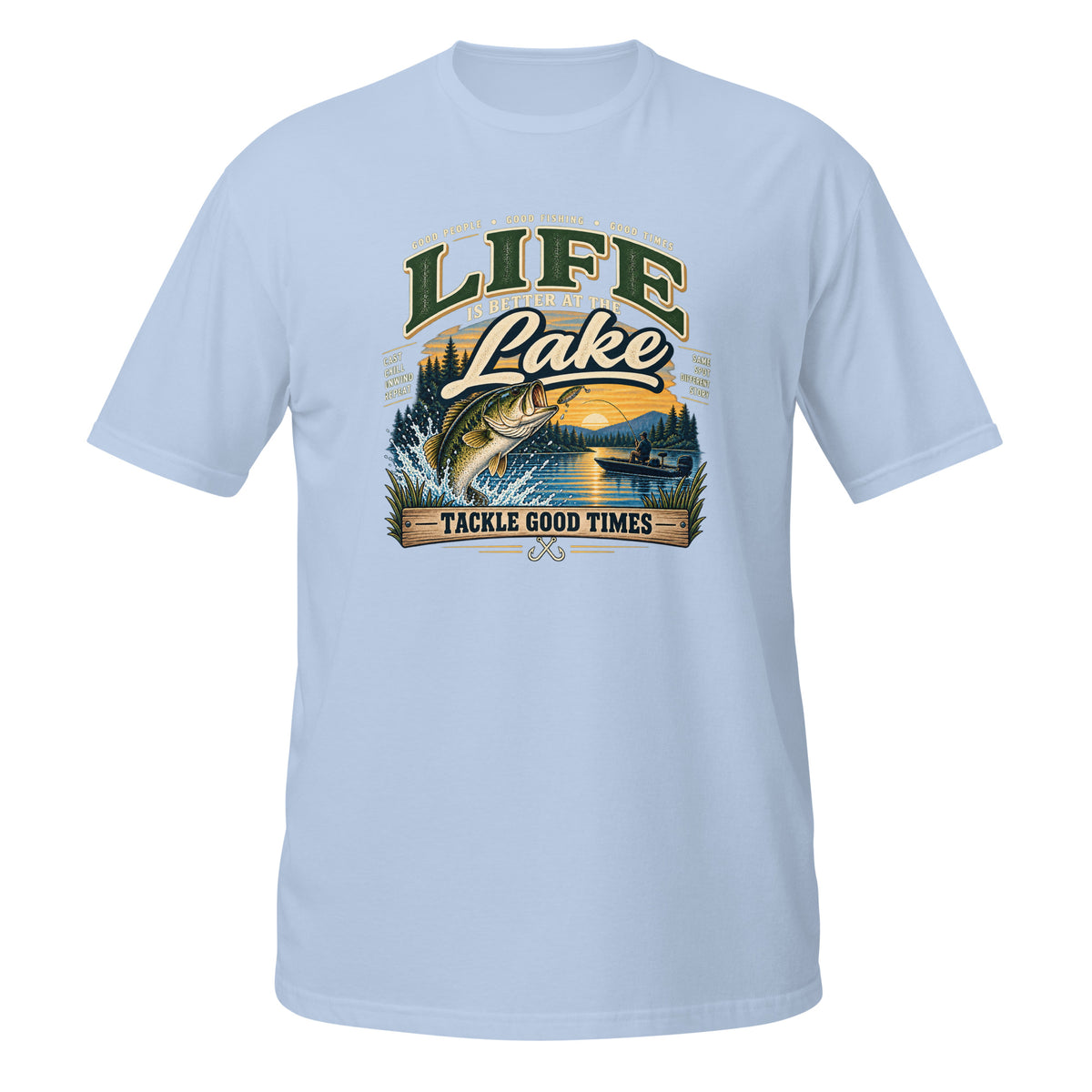 Tackle Good Times at the Lake Tee in light blue, front view