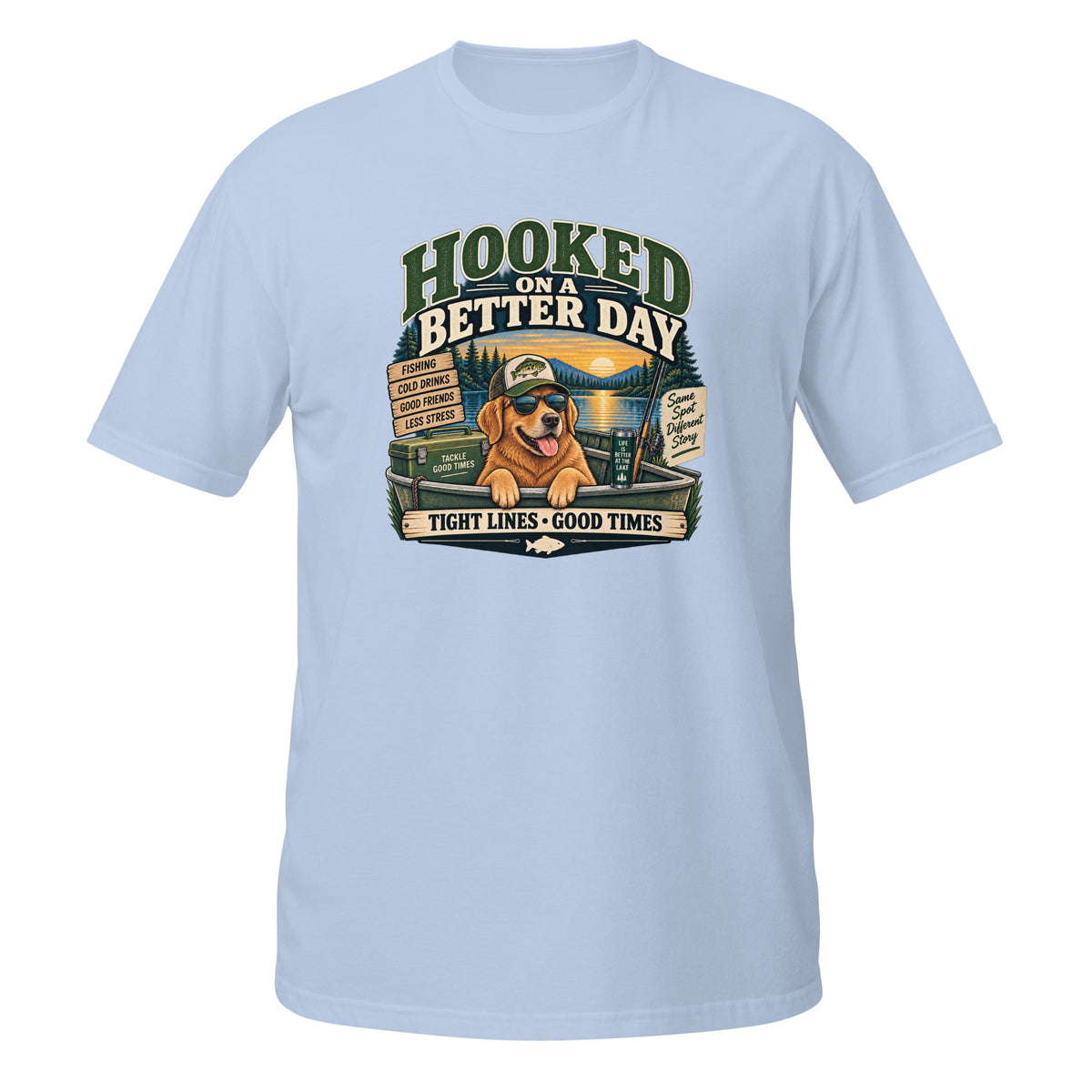 Hooked on a Better Day Dog Fishing Tee in light blue, front view