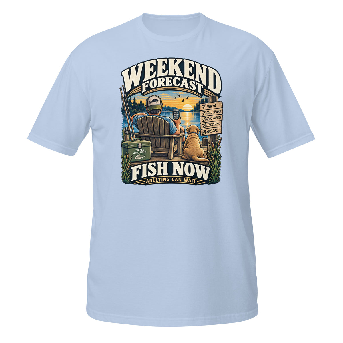 Weekend Forecast Fish Now Adulting Can Wait Tee in light blue, front view