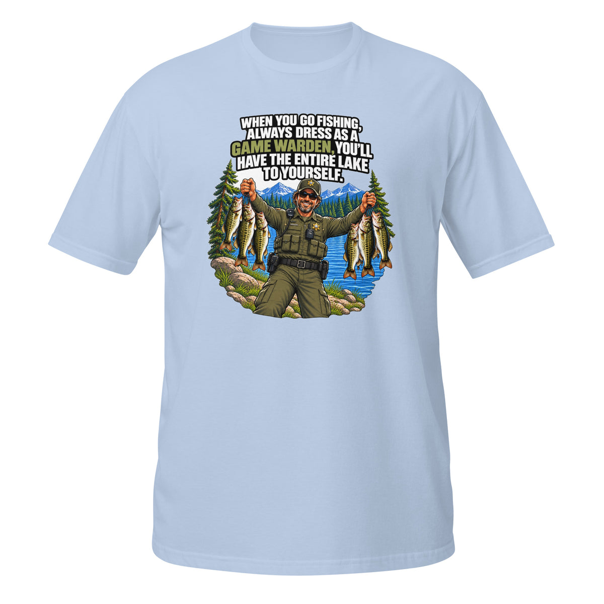 Dress Like a Game Warden Fishing Tee in light blue, front view
