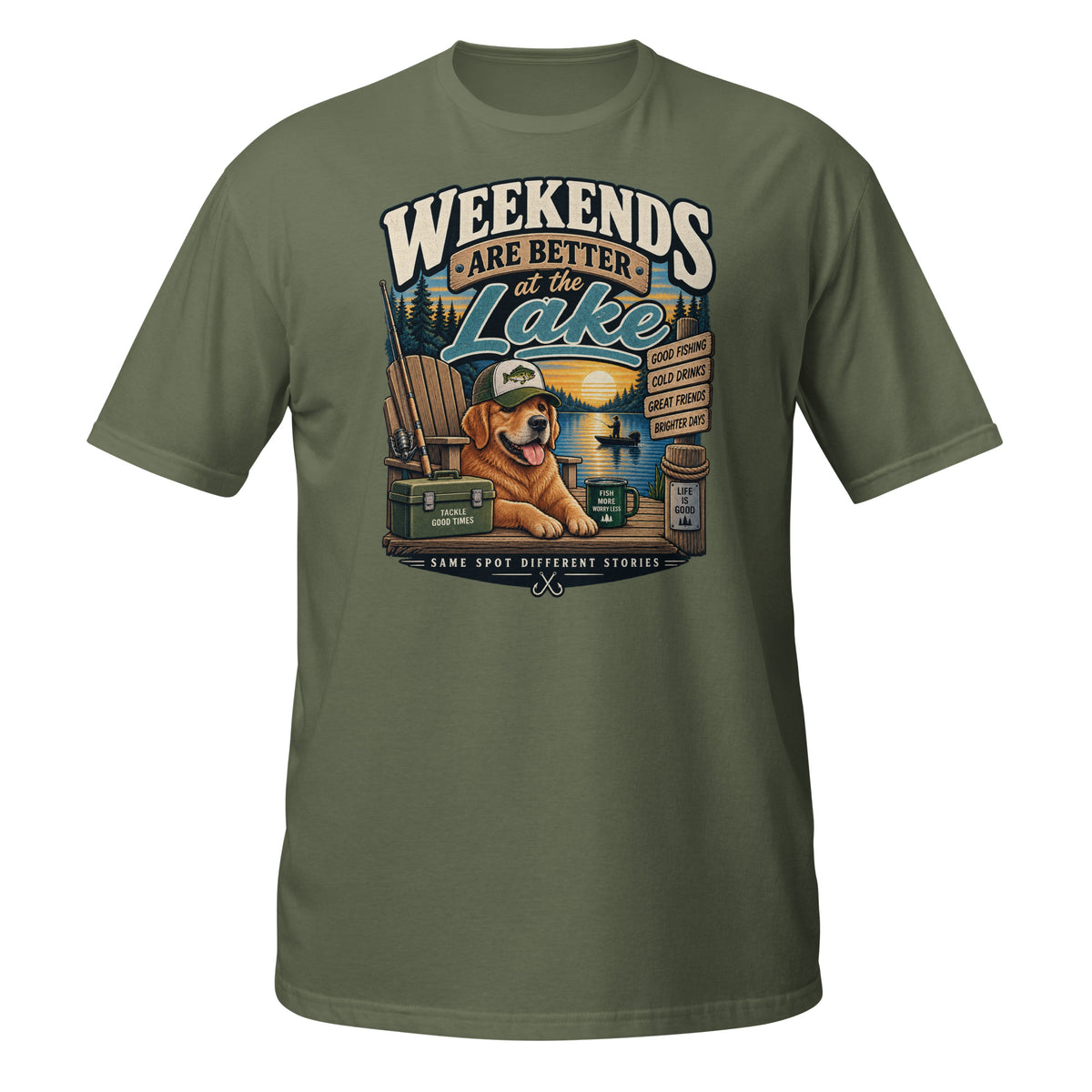 Weekends Are Better at the Lake Fishing Tee in military green, front view