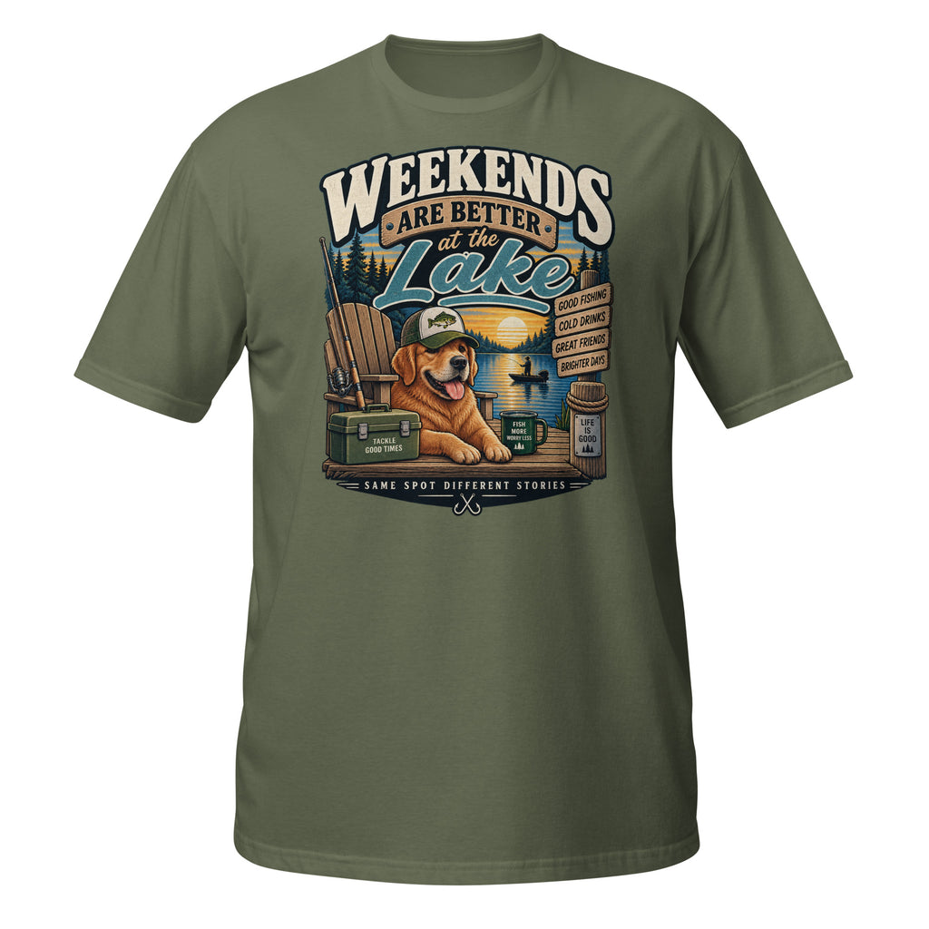 Weekends Are Better at the Lake Fishing Tee in military green, front view