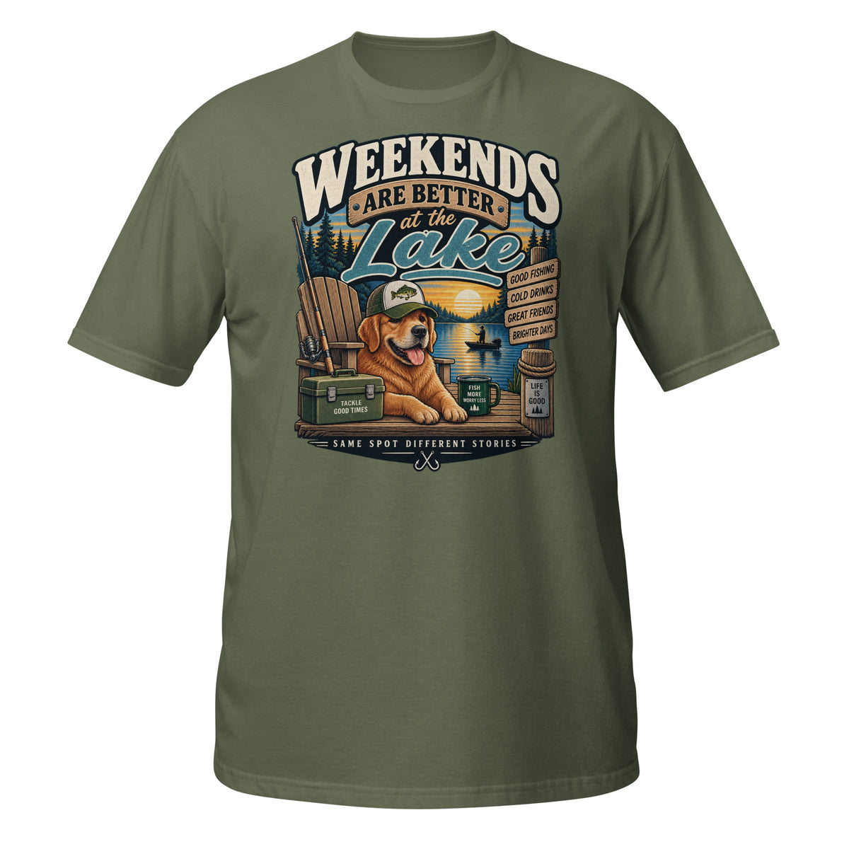 Weekends Are Better at the Lake Fishing Tee in military green, front view