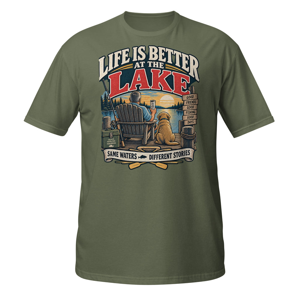 Life Is Better at the Lake Fishing Tee in military green, front view