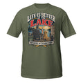 Life Is Better at the Lake Fishing Tee in military green, front view