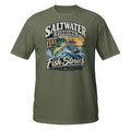Turning Fuel Into Fish Stories Saltwater Fishing Tee in military green, front view