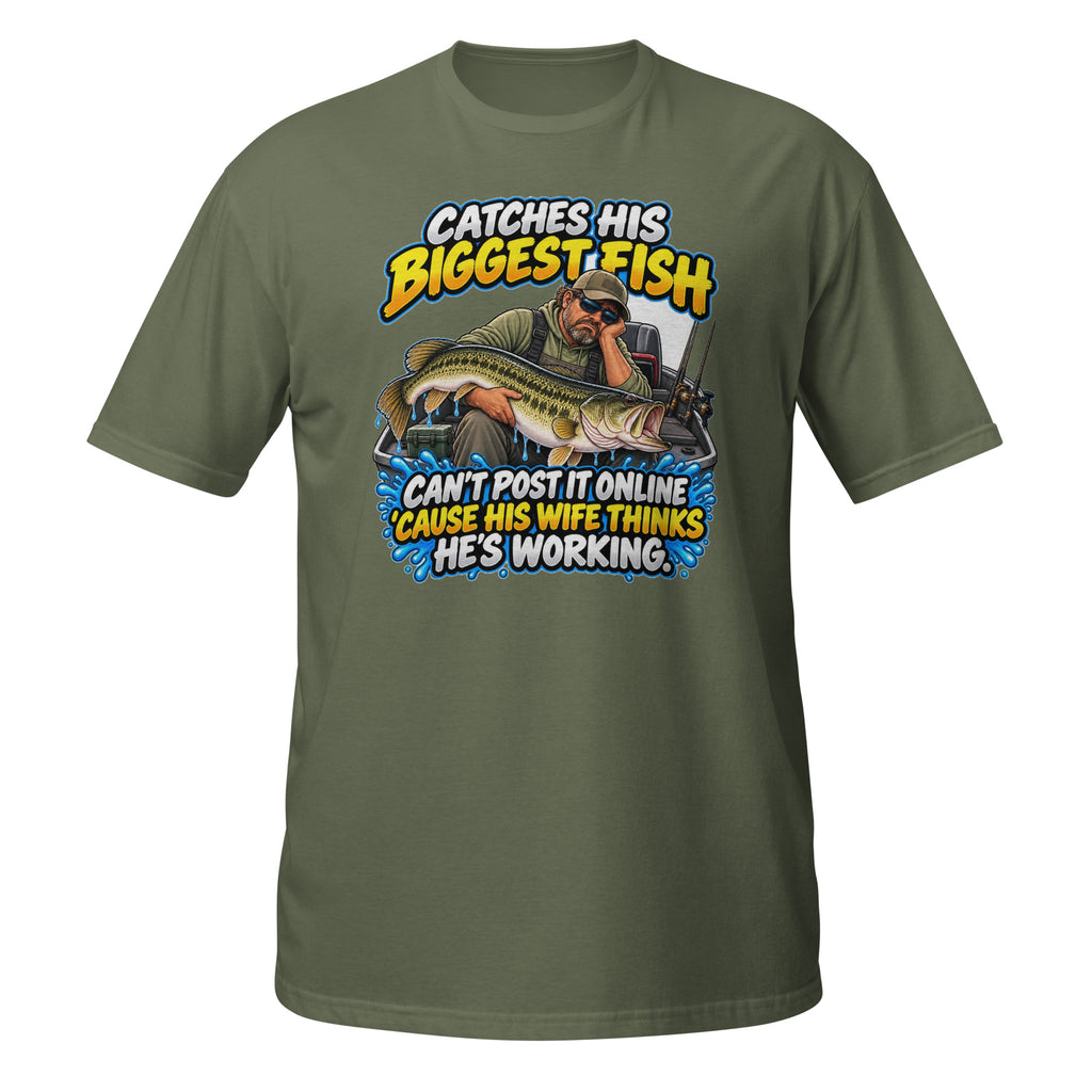 Can’t Post It Online Fishing Tee in military green, front view