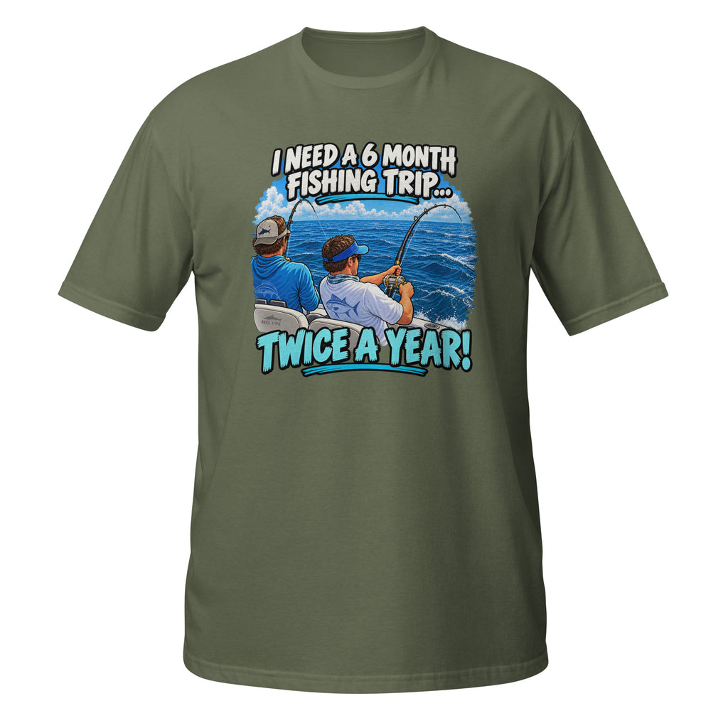 Twice a Year Fishing Trip Tee in military green, front view