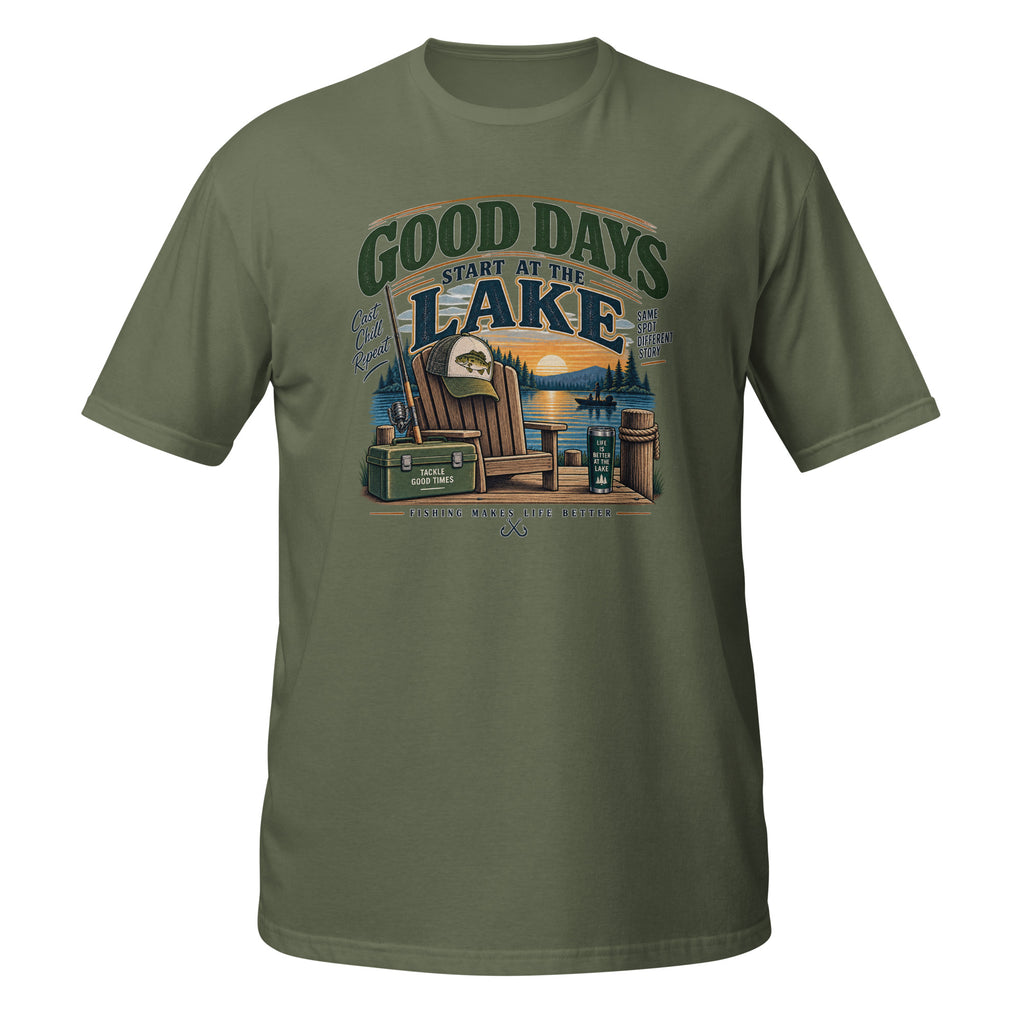 Good Days Start at the Lake Fishing Tee in military green, front view
