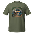 Good Days Start at the Lake Fishing Tee in military green, front view