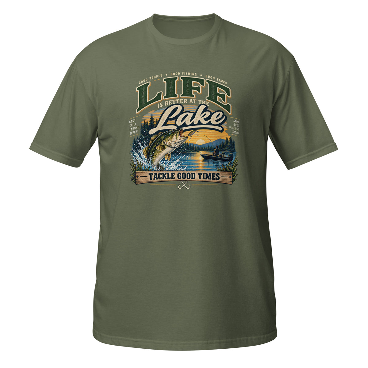 Tackle Good Times at the Lake Tee in military green, front view