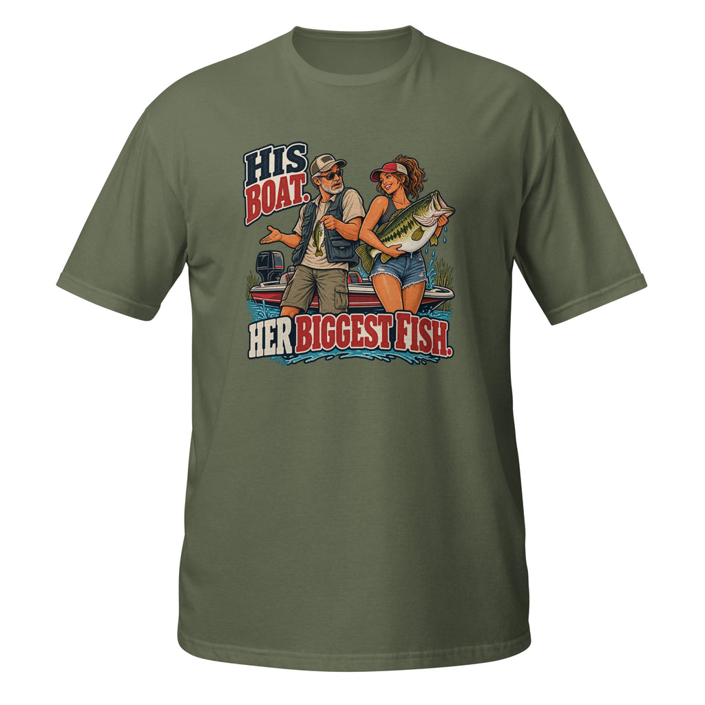 His Boat Her Biggest Fish Tee in military green, front view