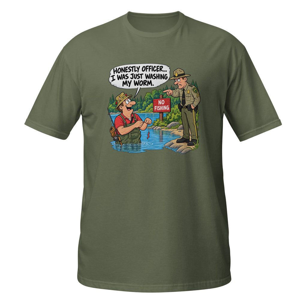 Honestly Officer I Was Just Washing My Worm Tee in military green, front view