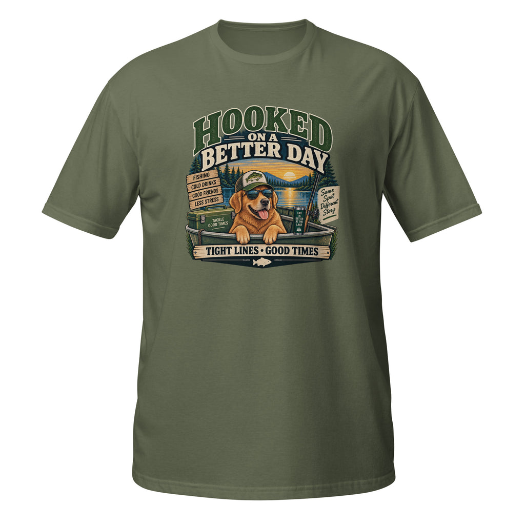 Hooked on a Better Day Dog Fishing Tee in military green, front view